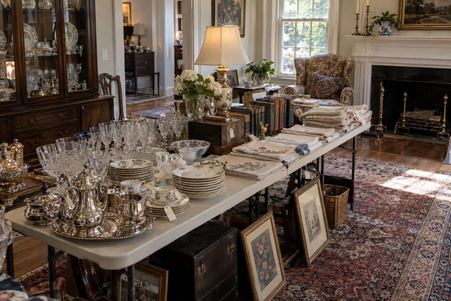 Tables of china, glassware, silver and linens laid out for an estate sale in a family home